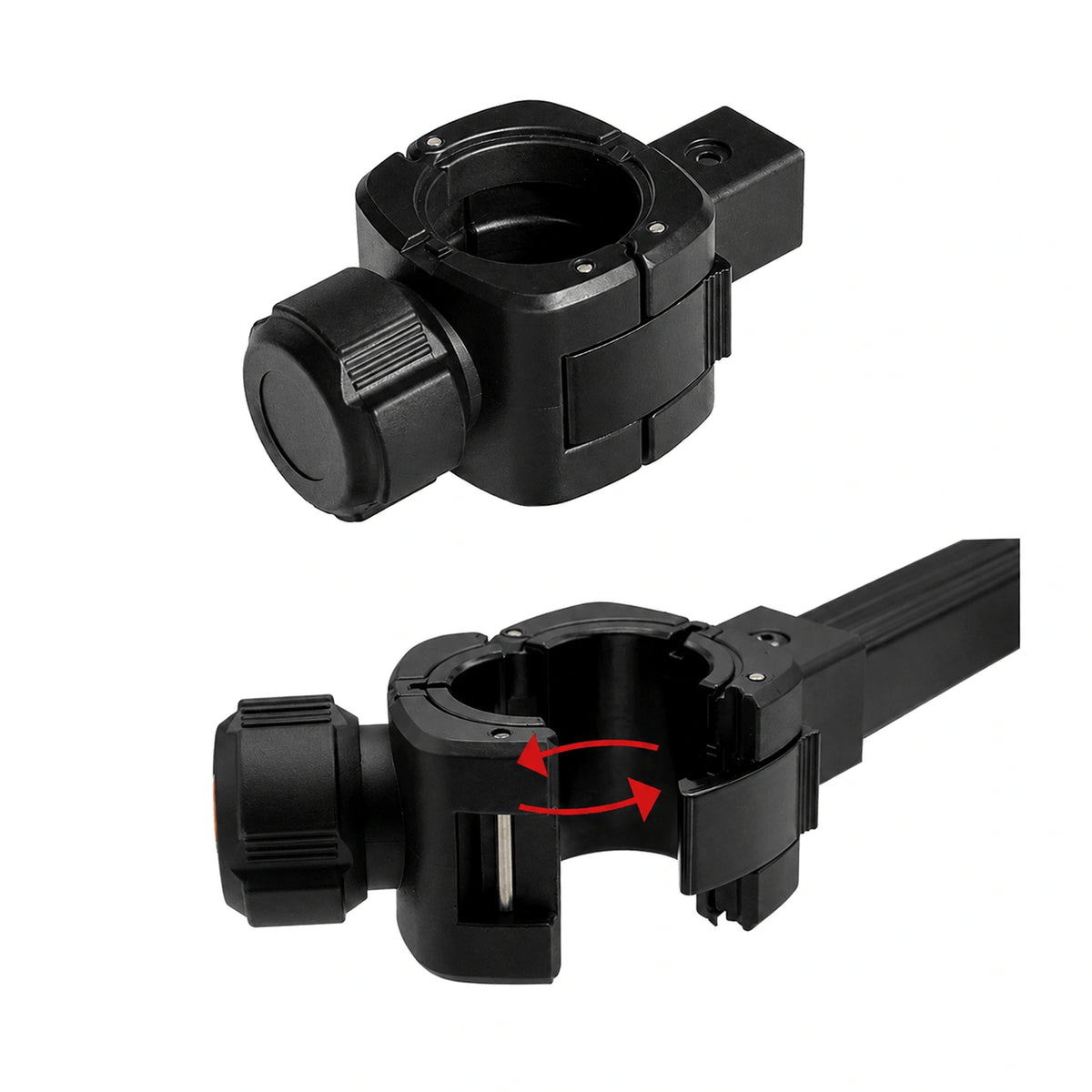Colmic Quick Release-bevestiging gesloten en geopend, met rode pijlen die de openingsbeweging tonen