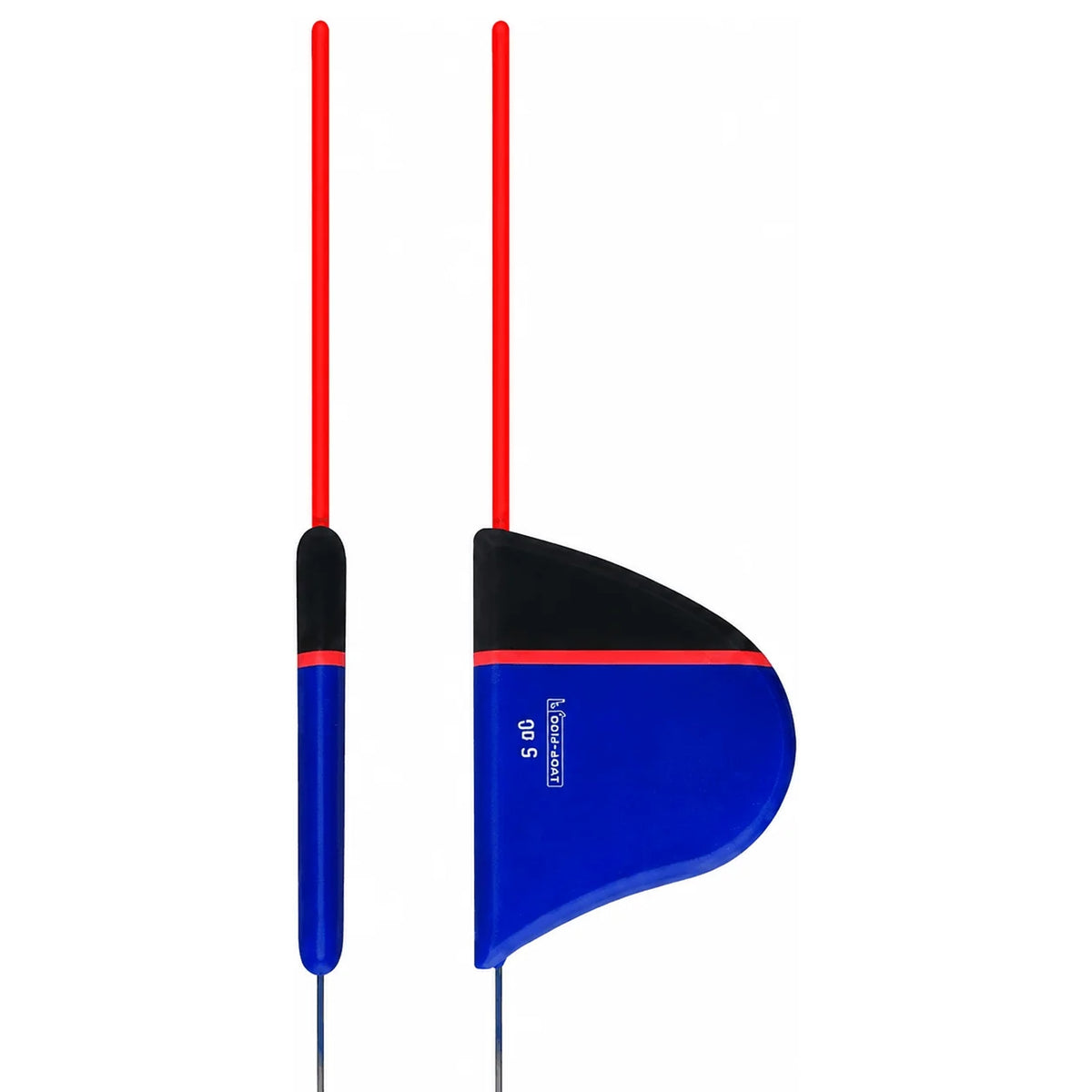 Blauw-zwarte vlagdobber in smal vooraanzicht en breed zijaanzicht, met rode antennes, rode band en opdruk 5 g.