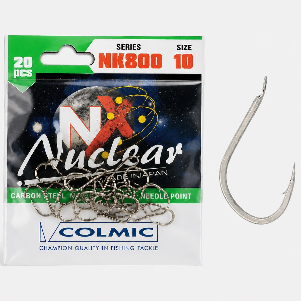 Colmic Nuclear NK800 Hooks Barbed Nickel – detailafbeelding van de nikkelen haak met weerhaak, maat 10