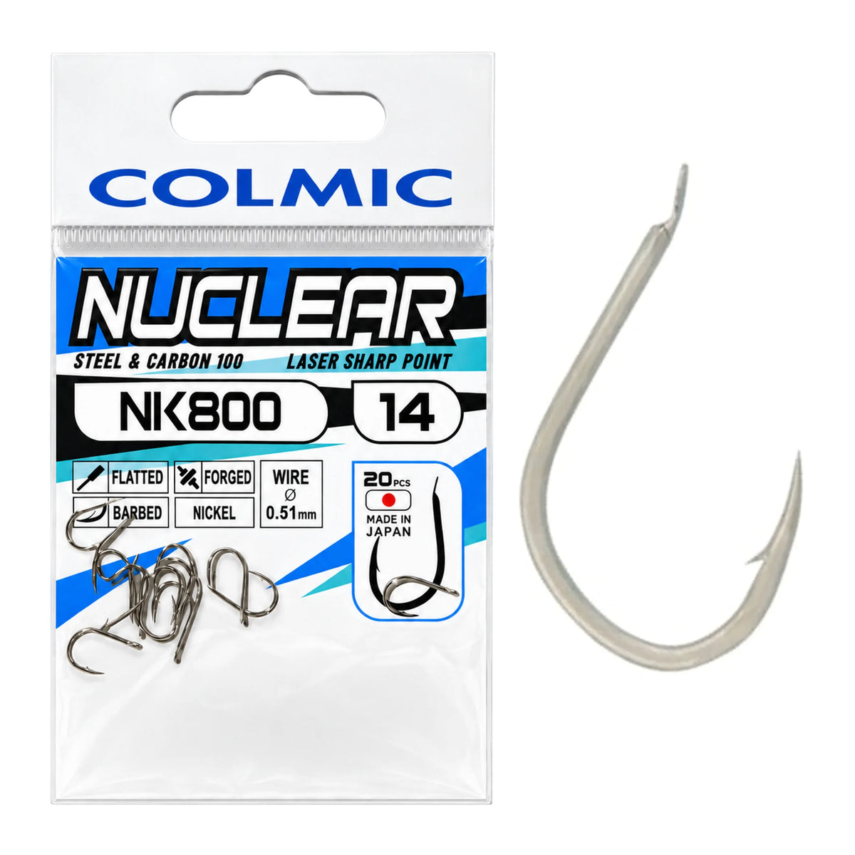 Colmic Nuclear NK800 haak met weerhaak, maat 14 (0,51 mm) – verpakking en losse haak