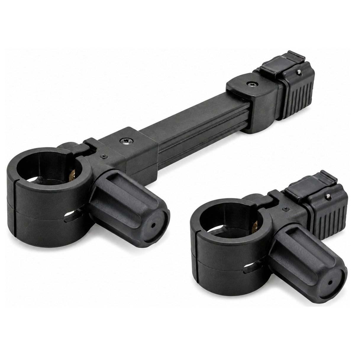 Twee zwarte Colmic Press & Go leefnetconnectors met ronde klemmen en draaiknoppen, waarvan één met verlengstang