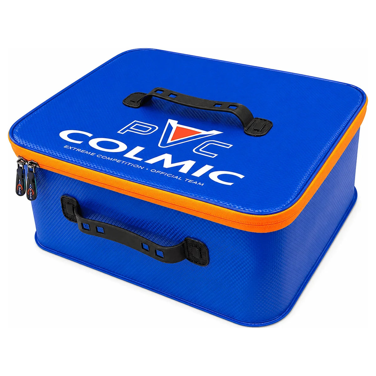Colmic Seat Box Storage – blauwe EVA-opbergbox met oranje rits en twee zwarte handvatten