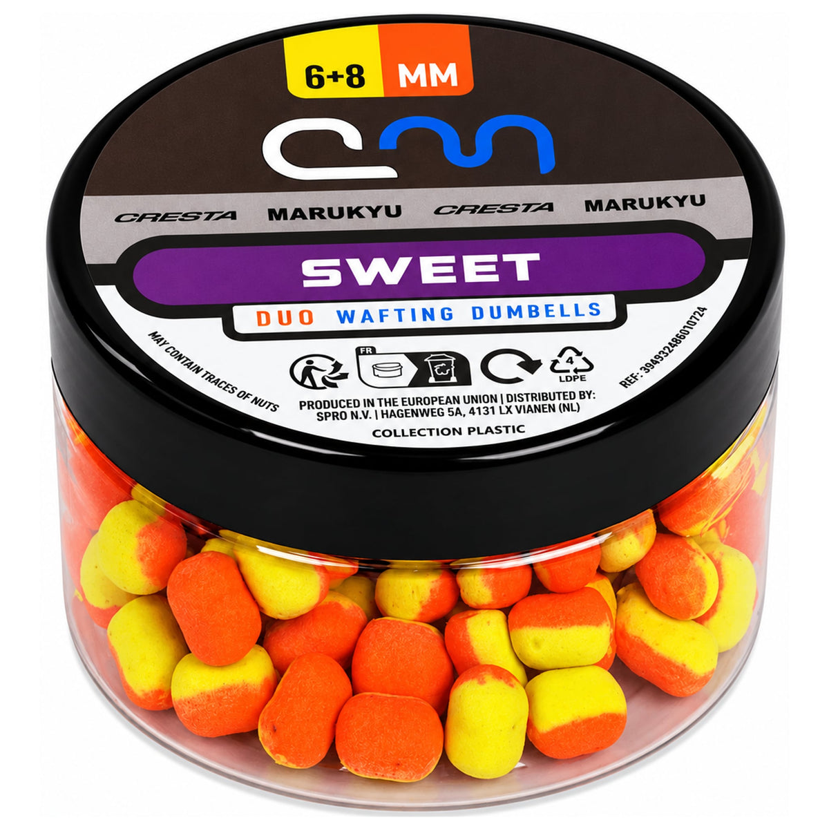 Pot Cresta Marukyu Sweet Duo-wafters in oranje-geel, met zwart deksel, paars etiket en opdruk 6+8 MM