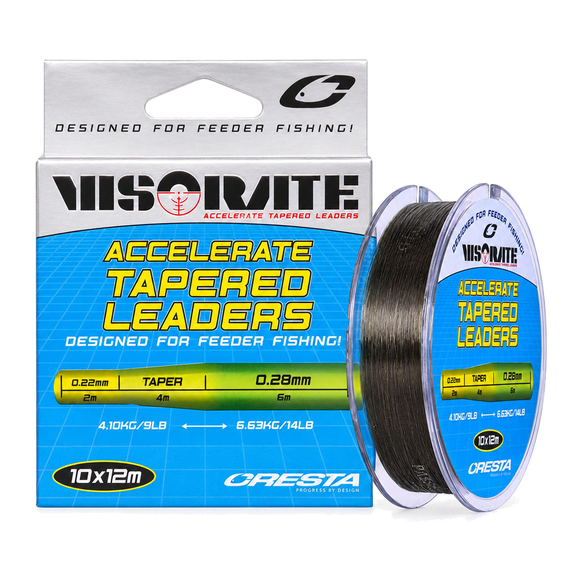 Cresta Visorate Accelerate Tapered Leaders 10 × 12 m, 0,22–0,28 mm – verpakking met spoel