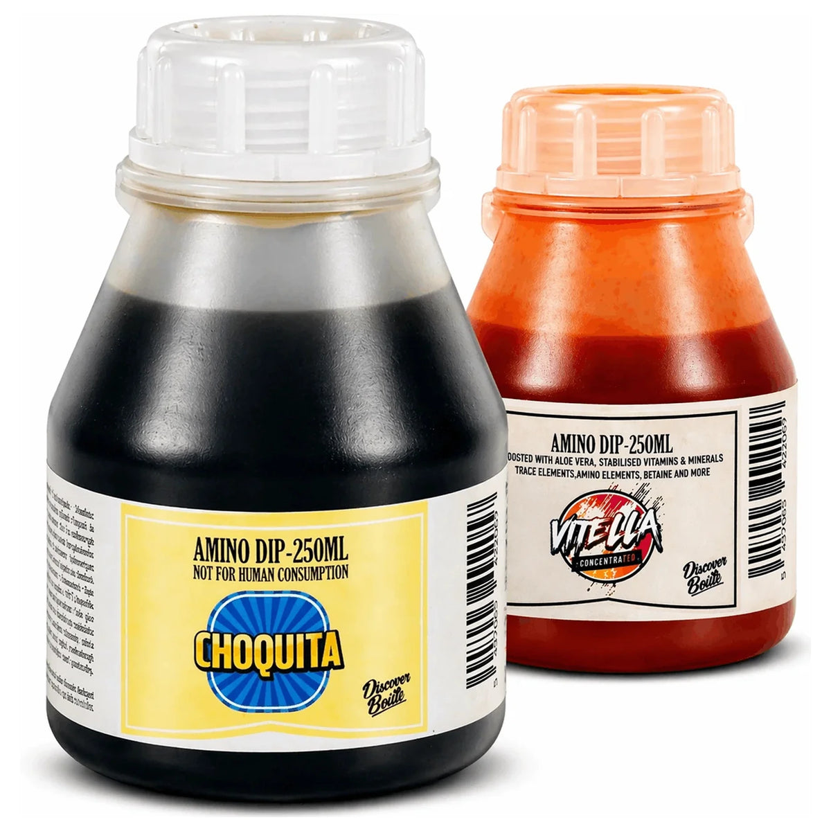 Twee flessen Amino Dip 250 ml: Choquita vooraan en Vitella erachter