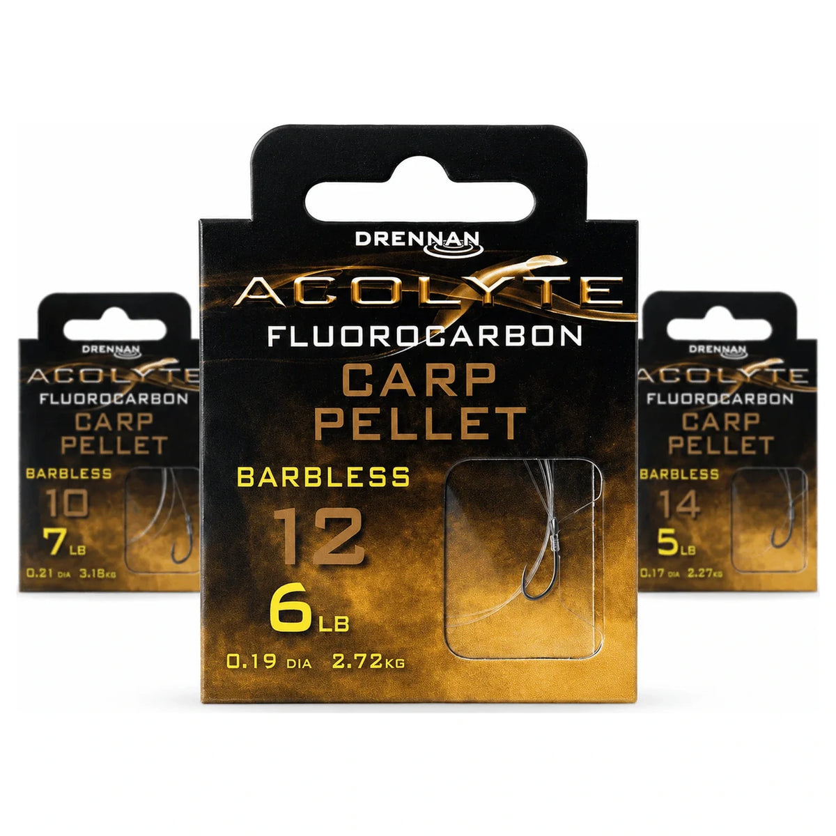 Drennan Acolyte Carp Pellet Barbless fluorocarbon onderlijnen: drie verpakkingen in haakmaten 10, 12 en 14