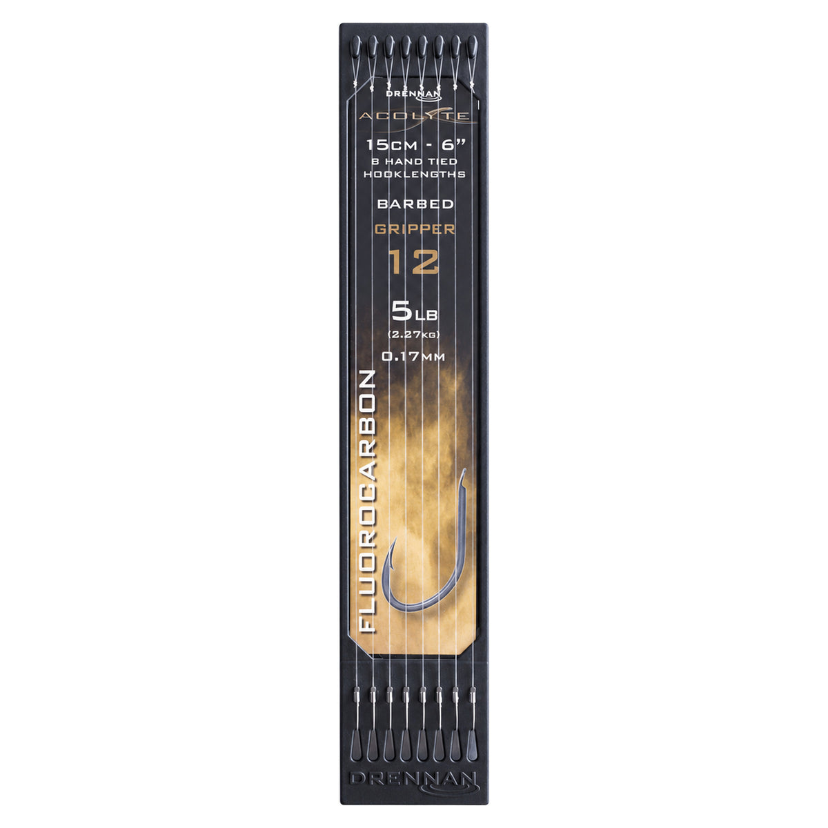 Drennan Acolyte Gripper Barbed Hook Plate met acht onderlijnen, haak 12, 0,17 mm en 5 lb
