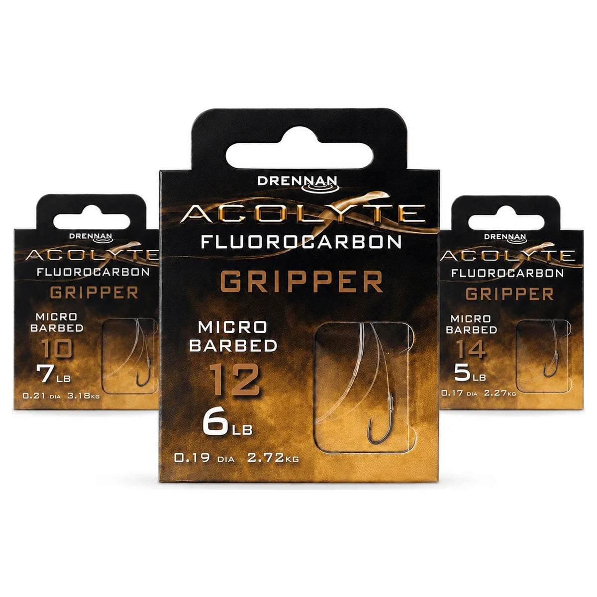 Drennan Acolyte Gripper Micro Barbed – verpakkingen 50 cm fluorocarbon onderlijnen met haakmaten 10, 12 en 14