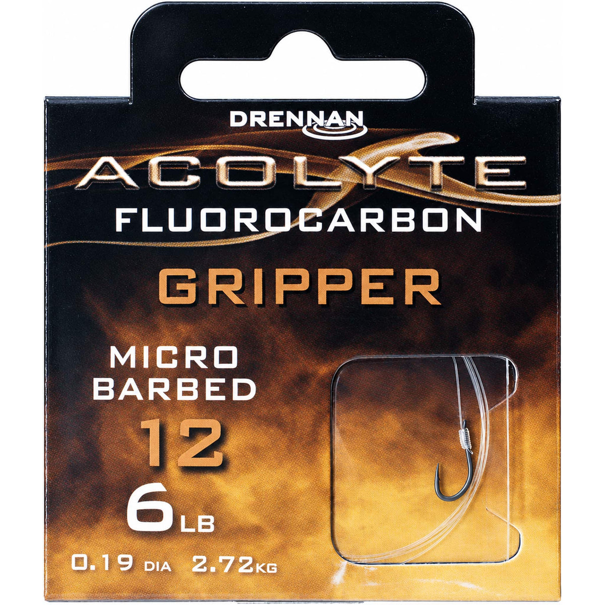 Drennan Acolyte Gripper Micro Barbed – verpakking met maat 12, 6 LB en 0.19-opdruk, met haak en lijn achter het venster.