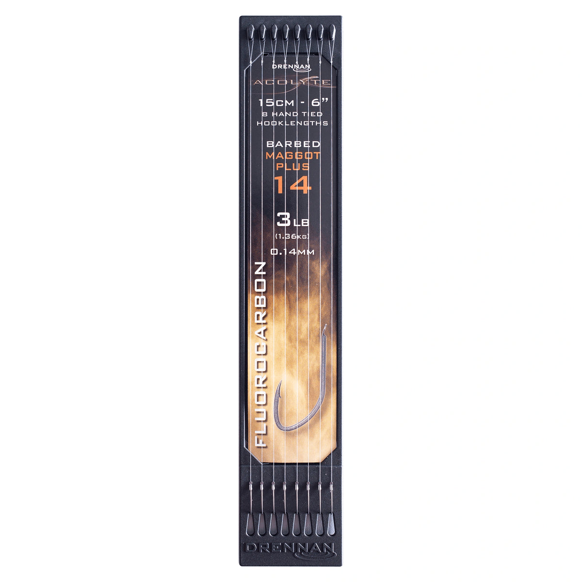 Drennan Acolyte Maggot Plus Barbed 15 cm onderlijnen op hook plate, haak 14, 0.14 mm en 3 LB