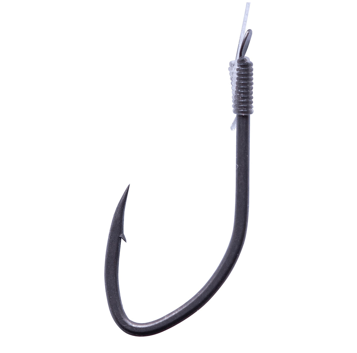 Drennan Acolyte Maggot Plus Barbed, detail van de haak met weerhaak en geknoopte fluorocarbon onderlijn