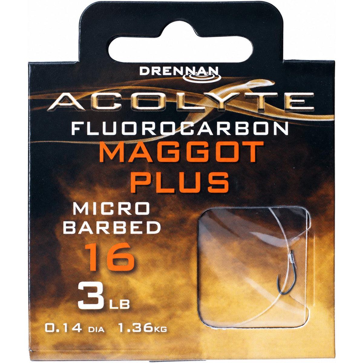Drennan Acolyte Maggot Plus Micro Barbed – verpakking met maat 16, 3 LB en 0.14-opdruk, met haak en lijn achter het venster.