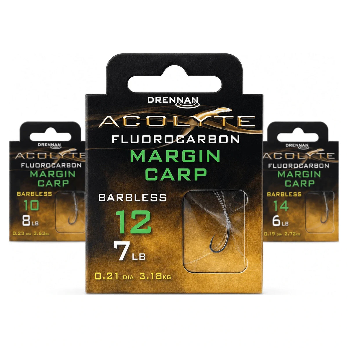 Drennan Acolyte Margin Carp Barbless – verpakkingen 30 cm fluorocarbon onderlijnen met haakmaten 10, 12 en 14