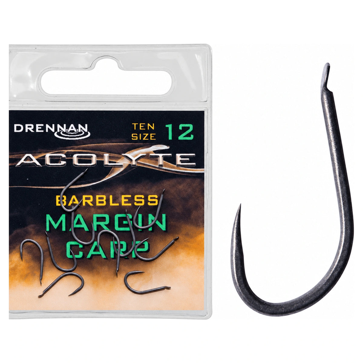 Drennan Acolyte Margin Carp maat 12 verpakking met groene opdruk naast vergrote zwarte haak met bled en zonder weerhaak