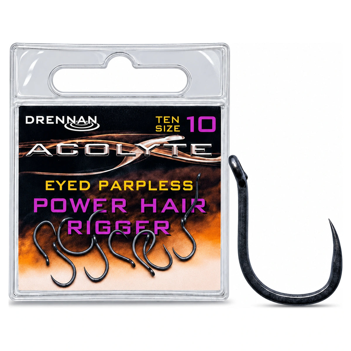 Drennan Acolyte Power Hair Rigger maat 10 verpakking met paarse opdruk naast vergrote zwarte haak met oog