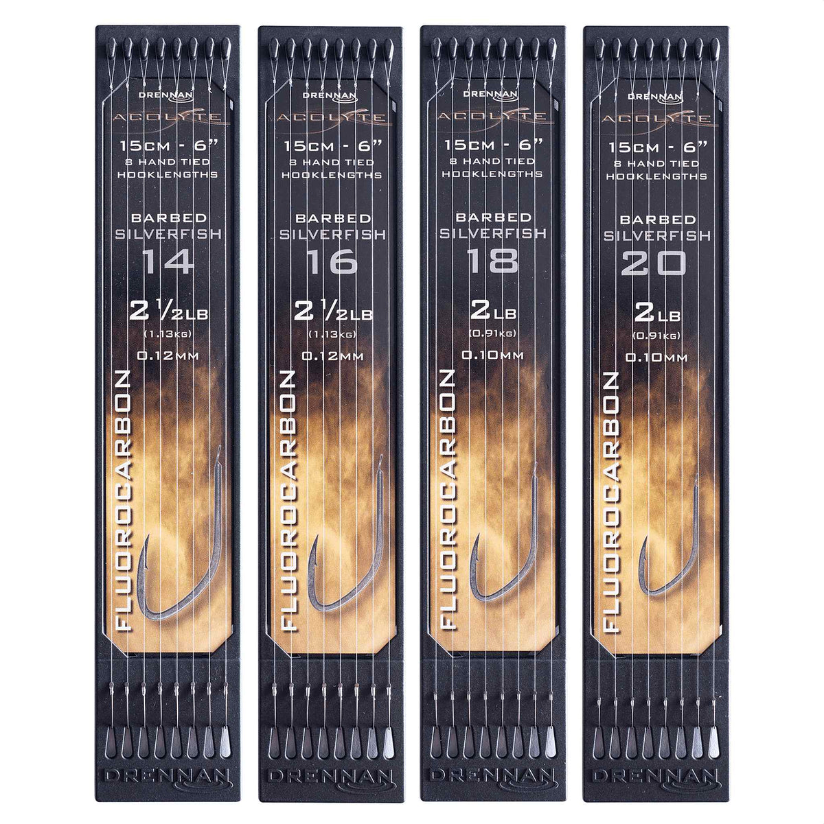 Drennan Acolyte Silverfish Barbed 15 cm – overzicht van Hook Plates in haakmaten 14, 16, 18 en 20