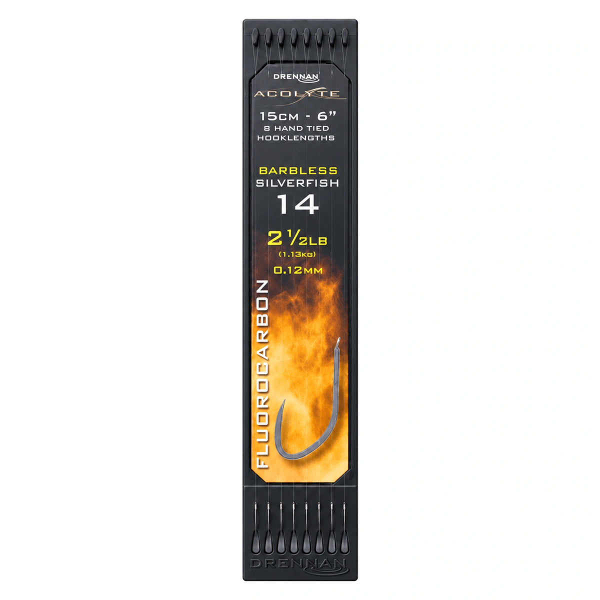 Drennan Acolyte Silverfish Hook Plate: maat 14, 0.12 mm, 2½ lb, acht onderlijnen van 15 cm