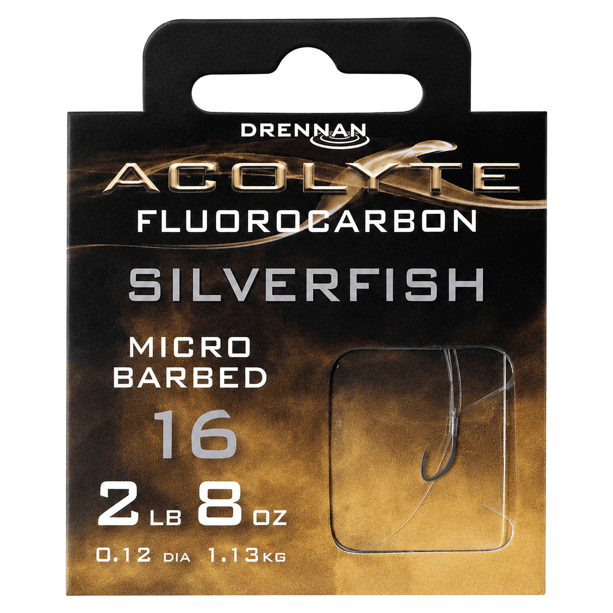 Drennan Acolyte Silverfish Micro Barbed – verpakking maat 16 met 0,12 mm fluorocarbon onderlijn