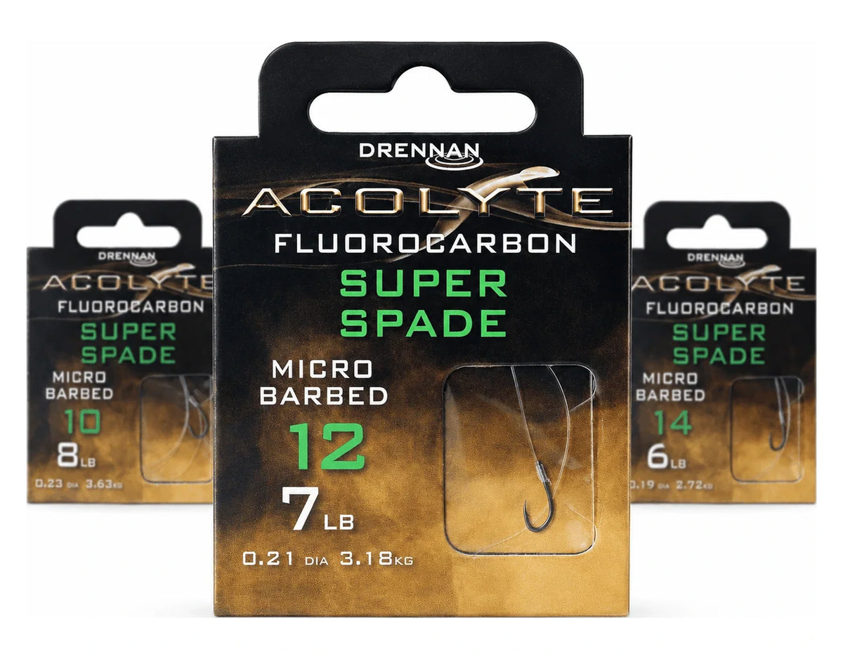 Drie Drennan Acolyte Super Spade Micro Barbed-verpakkingen in haakmaten 10, 12 en 14