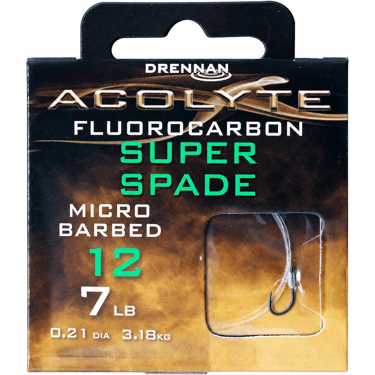 Drennan Acolyte Super Spade Micro Barbed – verpakking met maat 12, 7 LB en 0.21-opdruk, met haak en lijn achter het venster.
