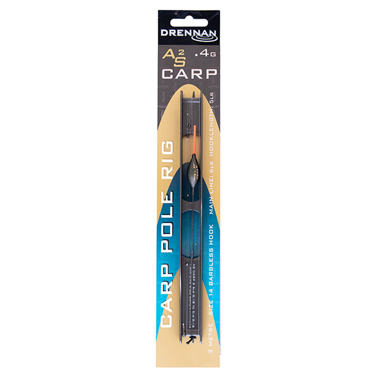 Drennan AS2 Carp Pole Rig 0.4g in originele zwart-gouden verpakking met turquoise lijnhouder en oranje antenne