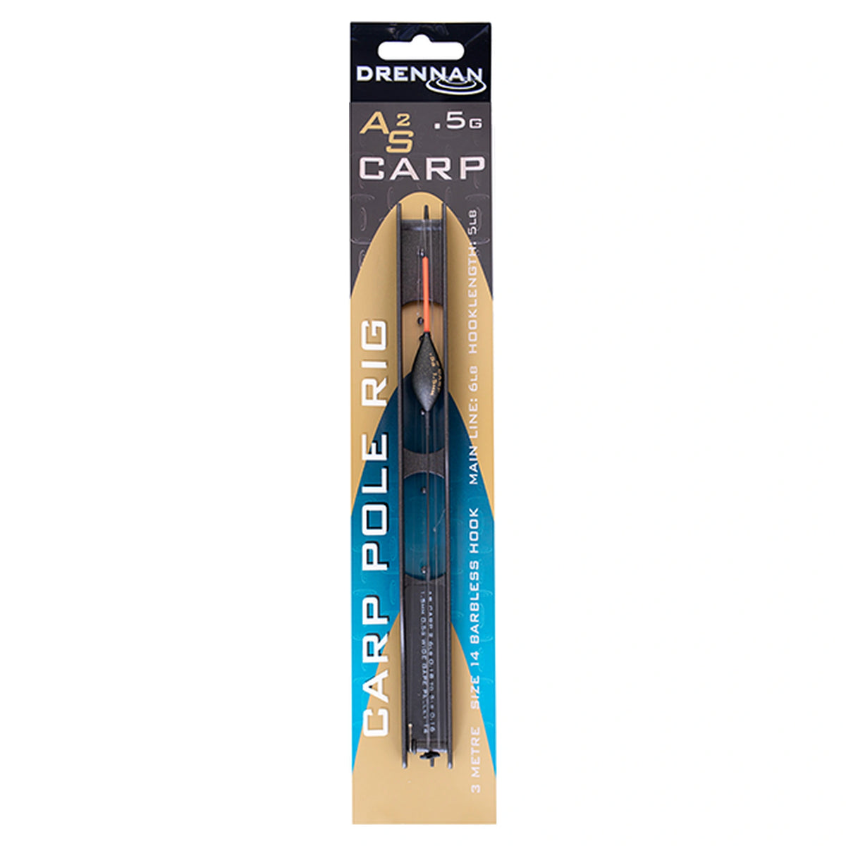 Drennan AS2 Carp Pole Rig 0.5g in originele zwart-gouden verpakking met turquoise lijnhouder en oranje antenne