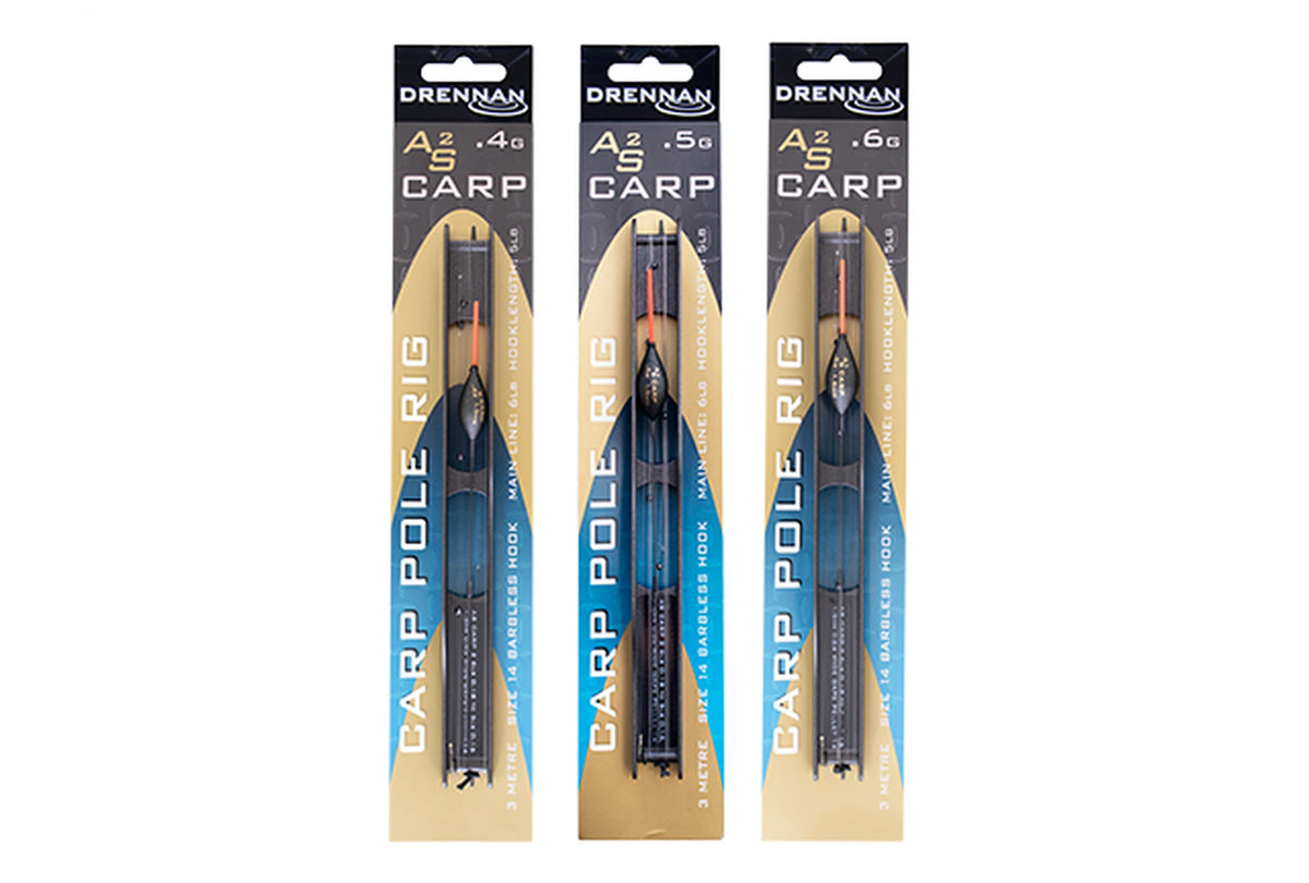Drennan AS2 Carp Pole Rigs in drie verpakkingen met aanduidingen 0.4g, 0.5g en 0.6g