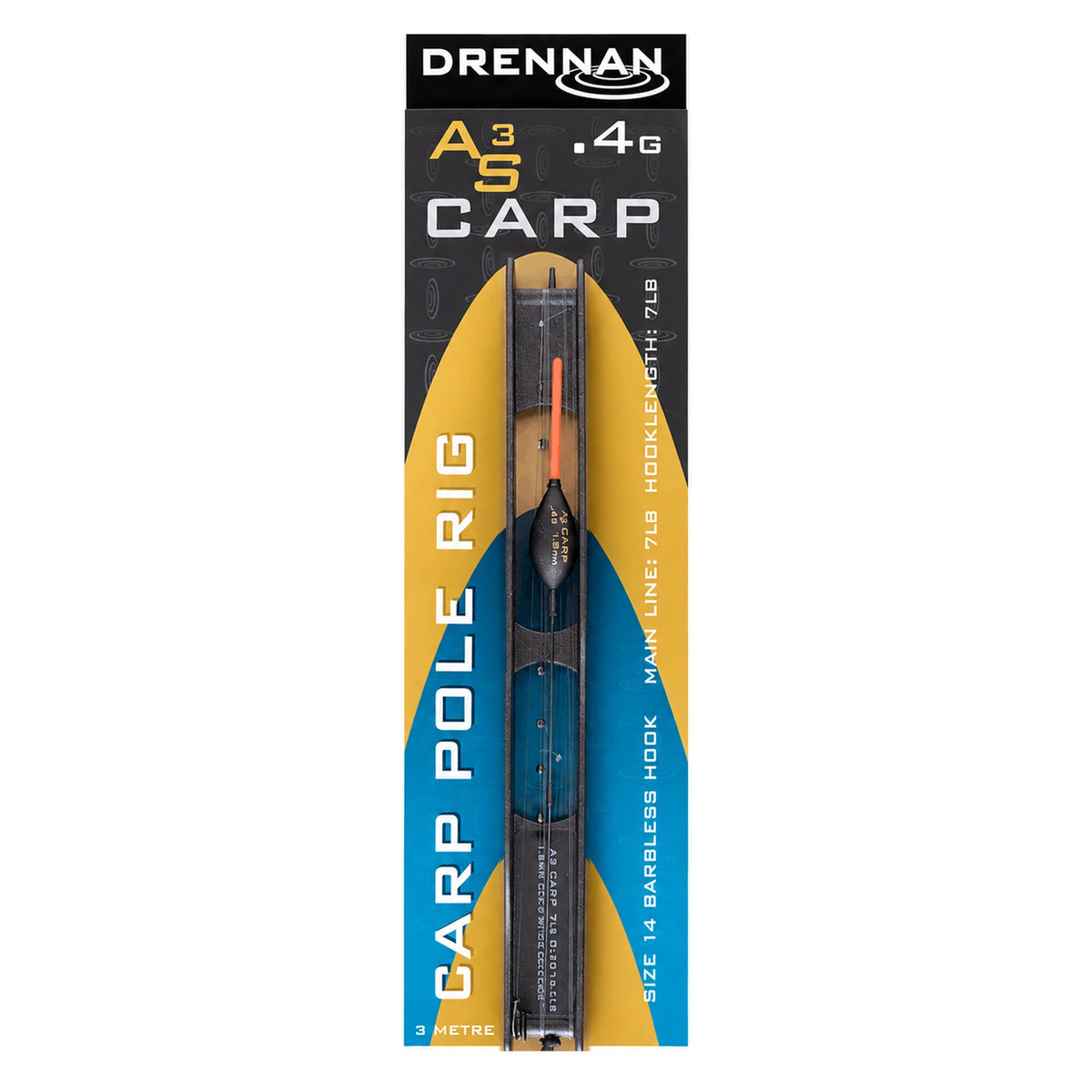 Drennan AS3 Carp Pole Rig 0,40 g met haakmaat 14 en 7 lb lijn op tuigenrekje in originele verpakking