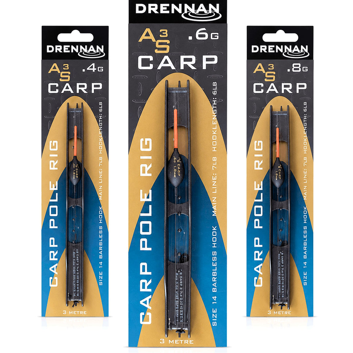 Drennan AS3 Carp Pole Rig in de drie draagvermogens 0,40 g, 0,60 g en 0,80 g naast elkaar
