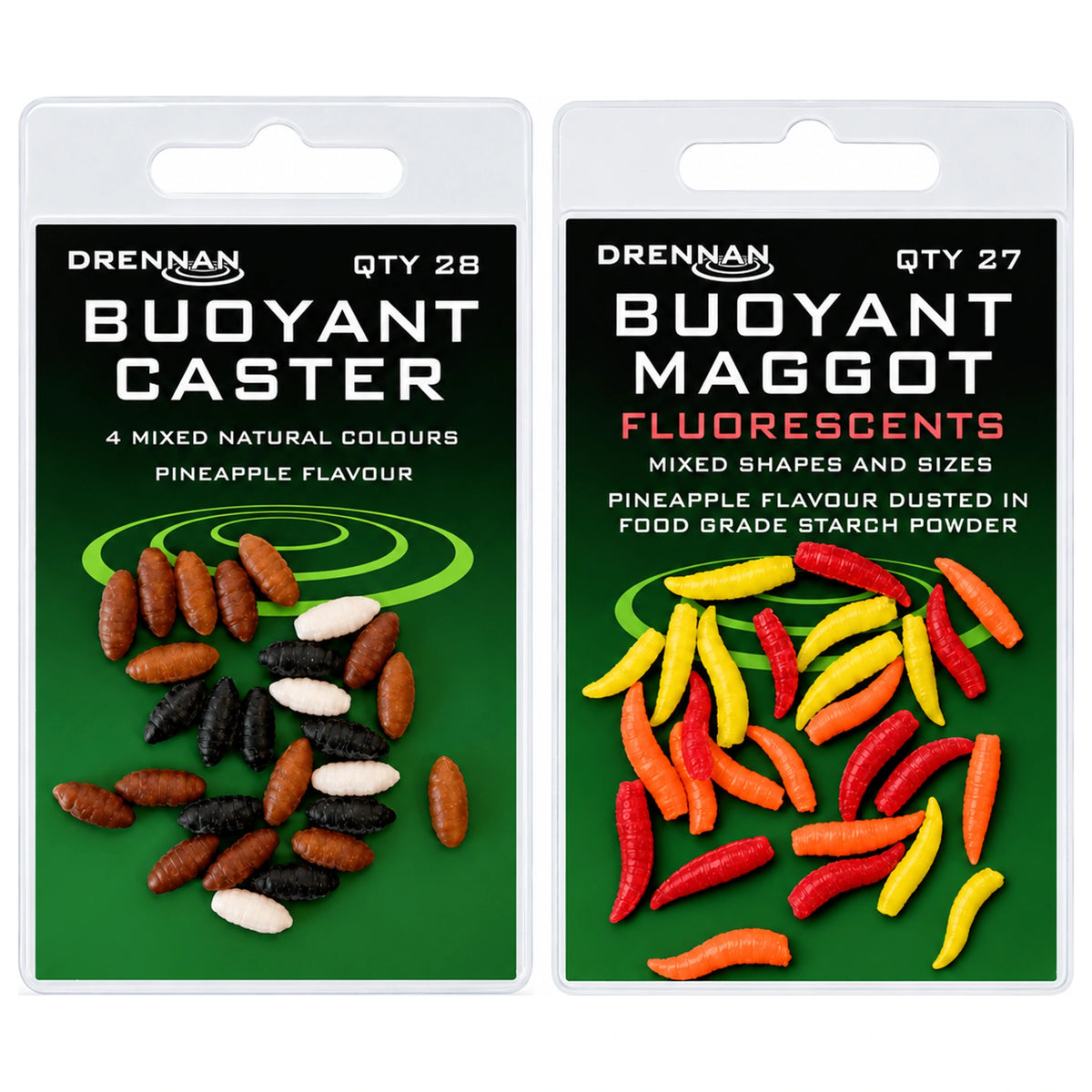 Drennan Buoyant Caster en Maggot – twee verpakkingen met natuurlijke casterkleuren en fluorescerende madenimitaties