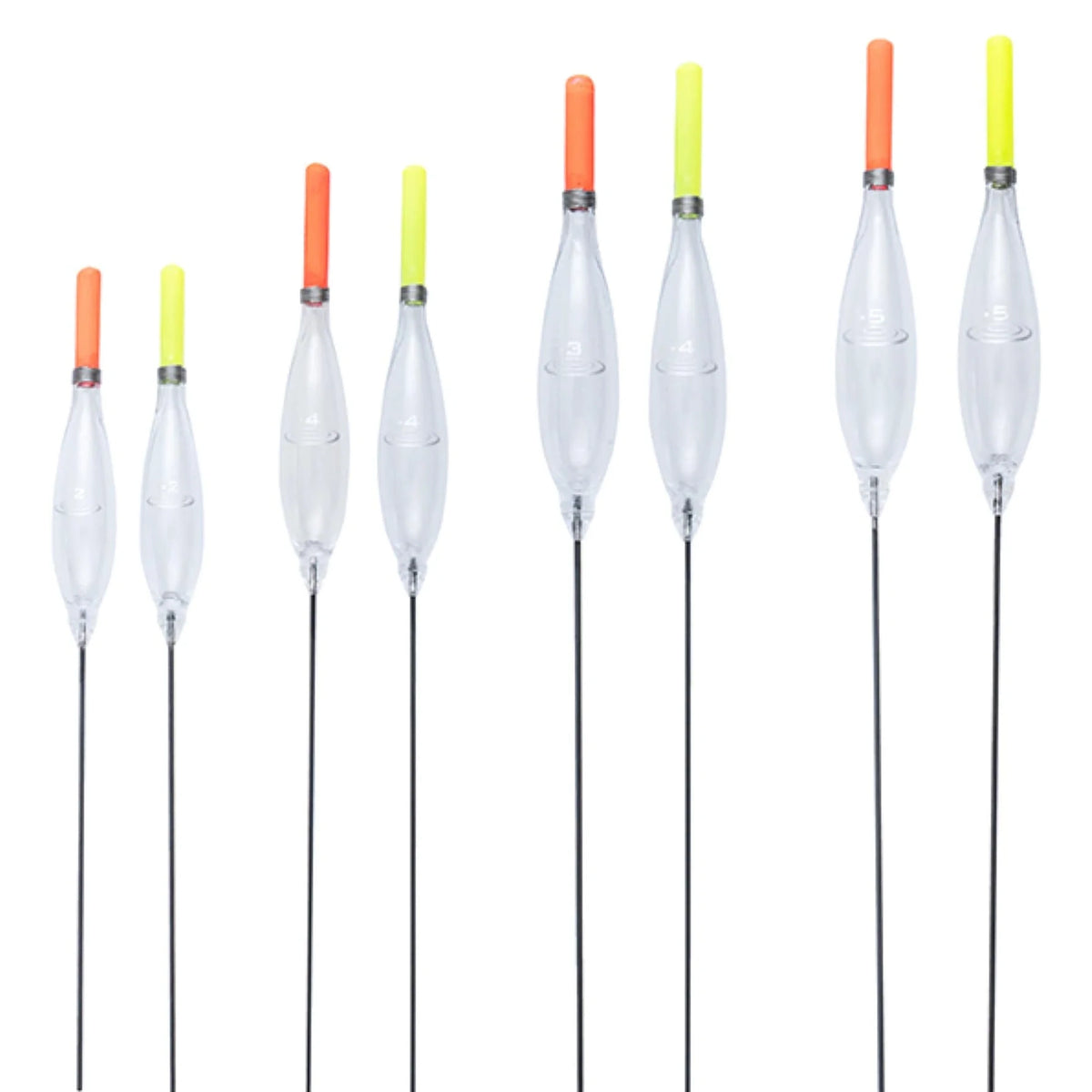 Drennan Crystal Caster – frontaal overzicht van transparante vastehengeldobbers met Glow Tips