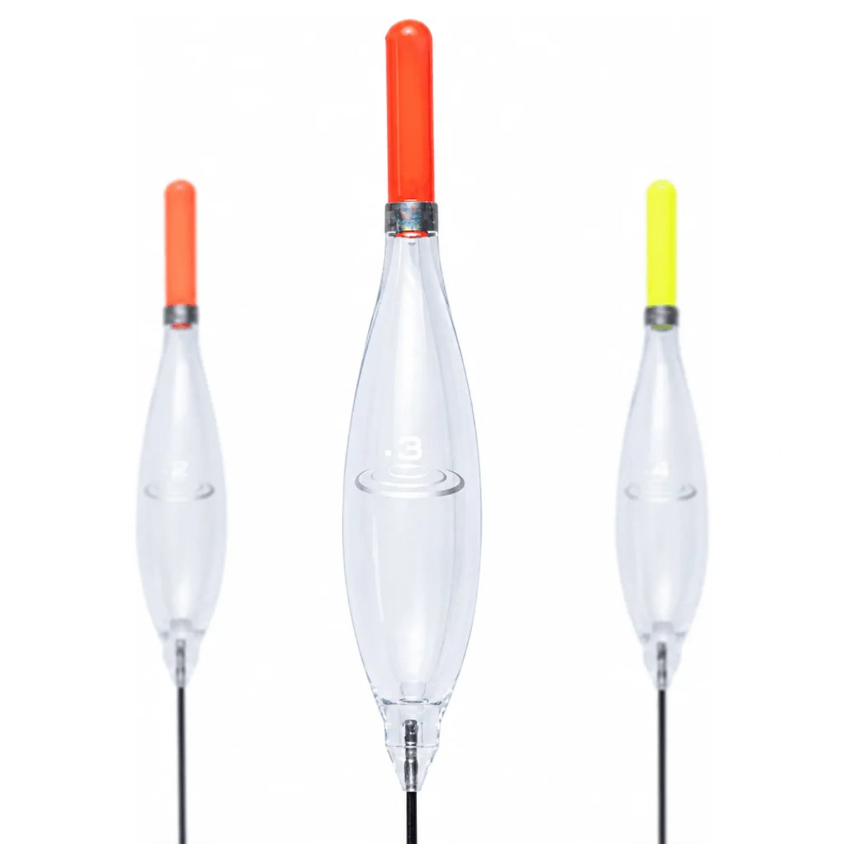 Drennan Crystal Caster – drie transparante dobbers met rode en gele Glow Tips