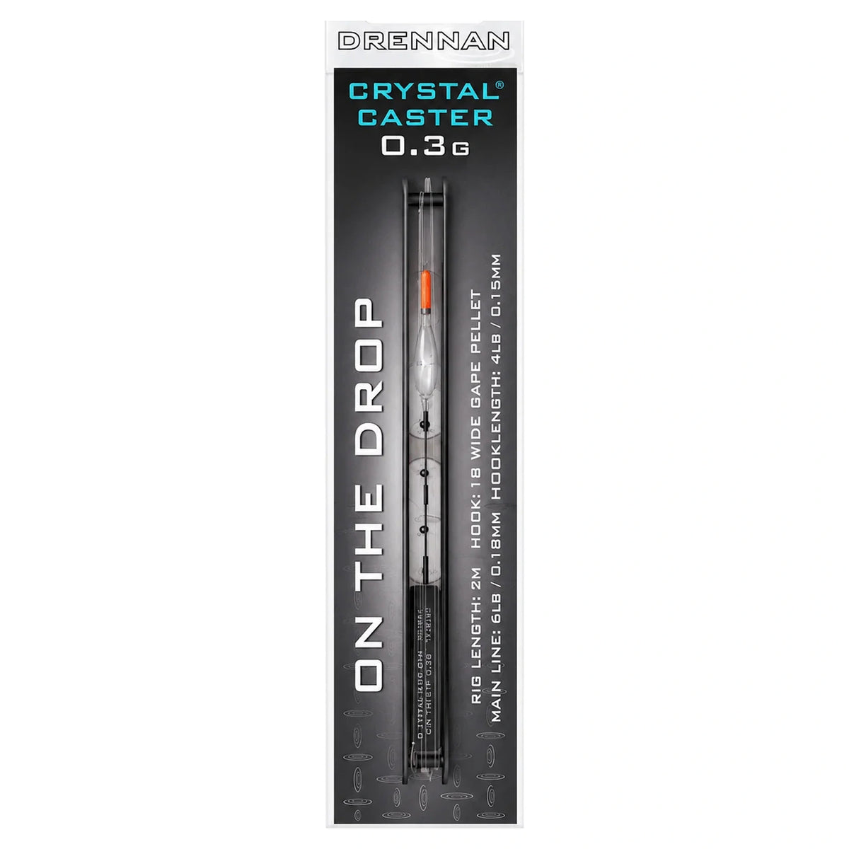 Drennan Crystal Caster 0,3 g-tuig met transparante dobber en oranje antenne op zwarte verpakking