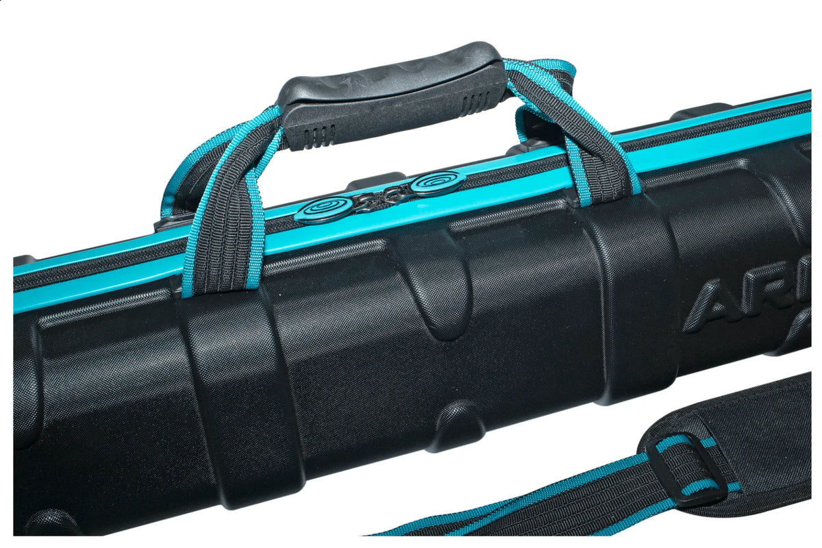 Detail van de handgreep, dubbele ritssluiting en schouderriem van de Drennan DR Armoured Compact Pole Case