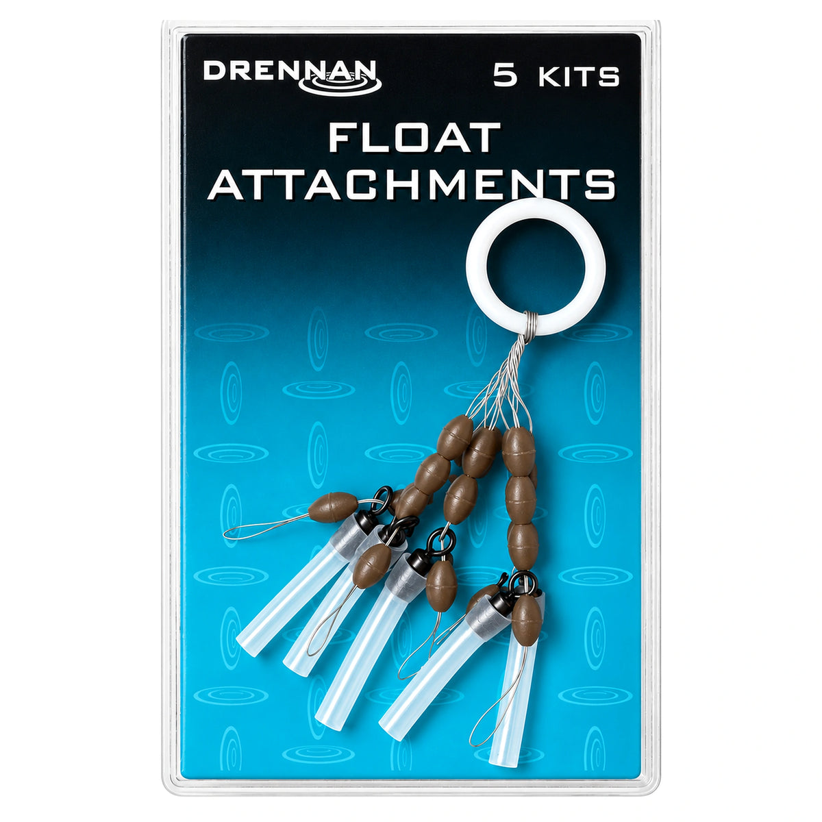Drennan DR Float Attachment Kits – verpakking met vijf montagesets en witte draagring