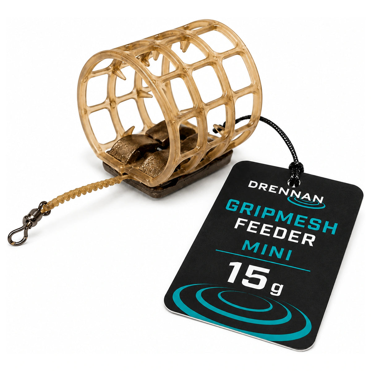 Beige Drennan Gripmesh-voerkorf met wartel en zwart label met Mini 15 g-opdruk