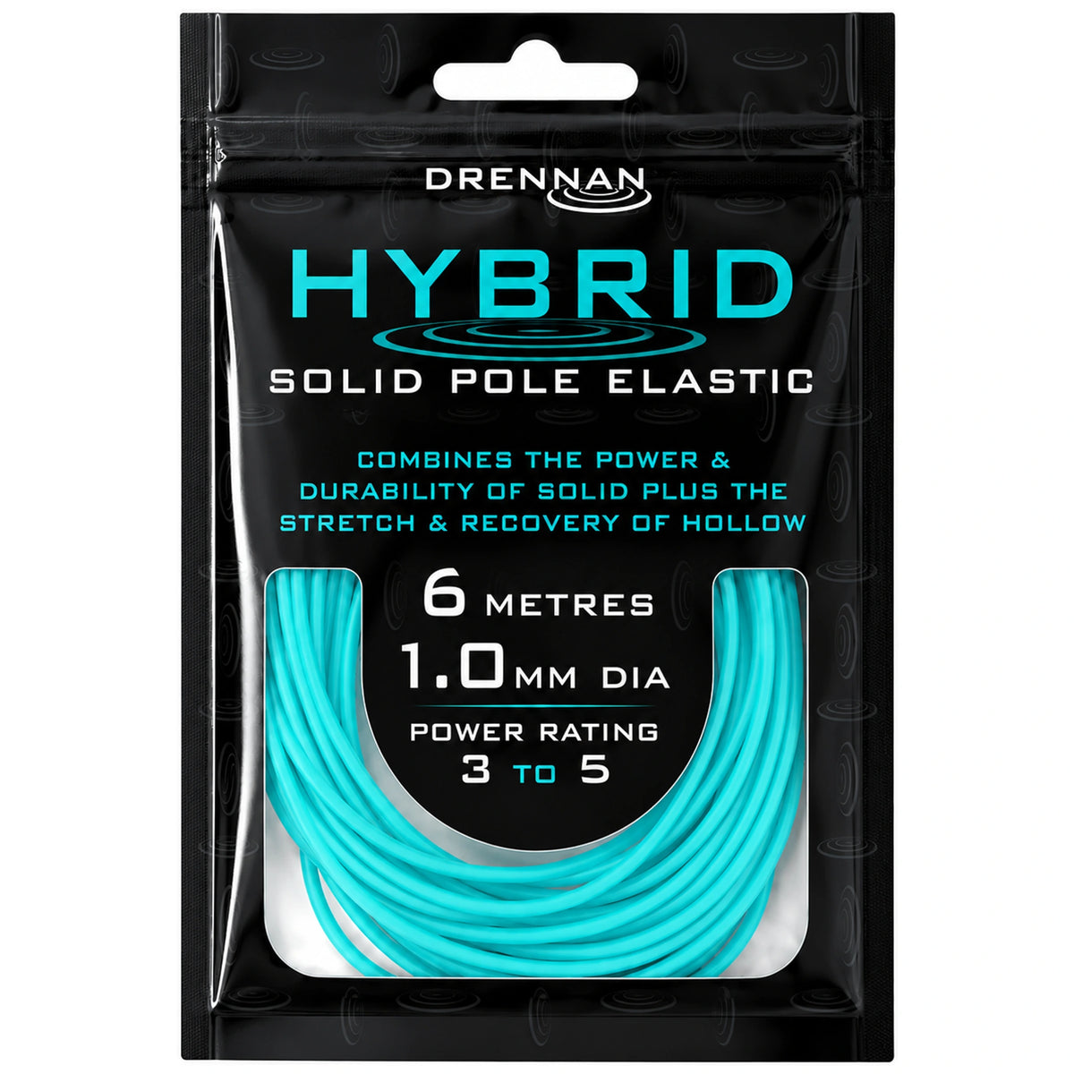 Zwarte verpakking Drennan Hybrid met turquoise elastiek, 6 meter en 1.0 mm