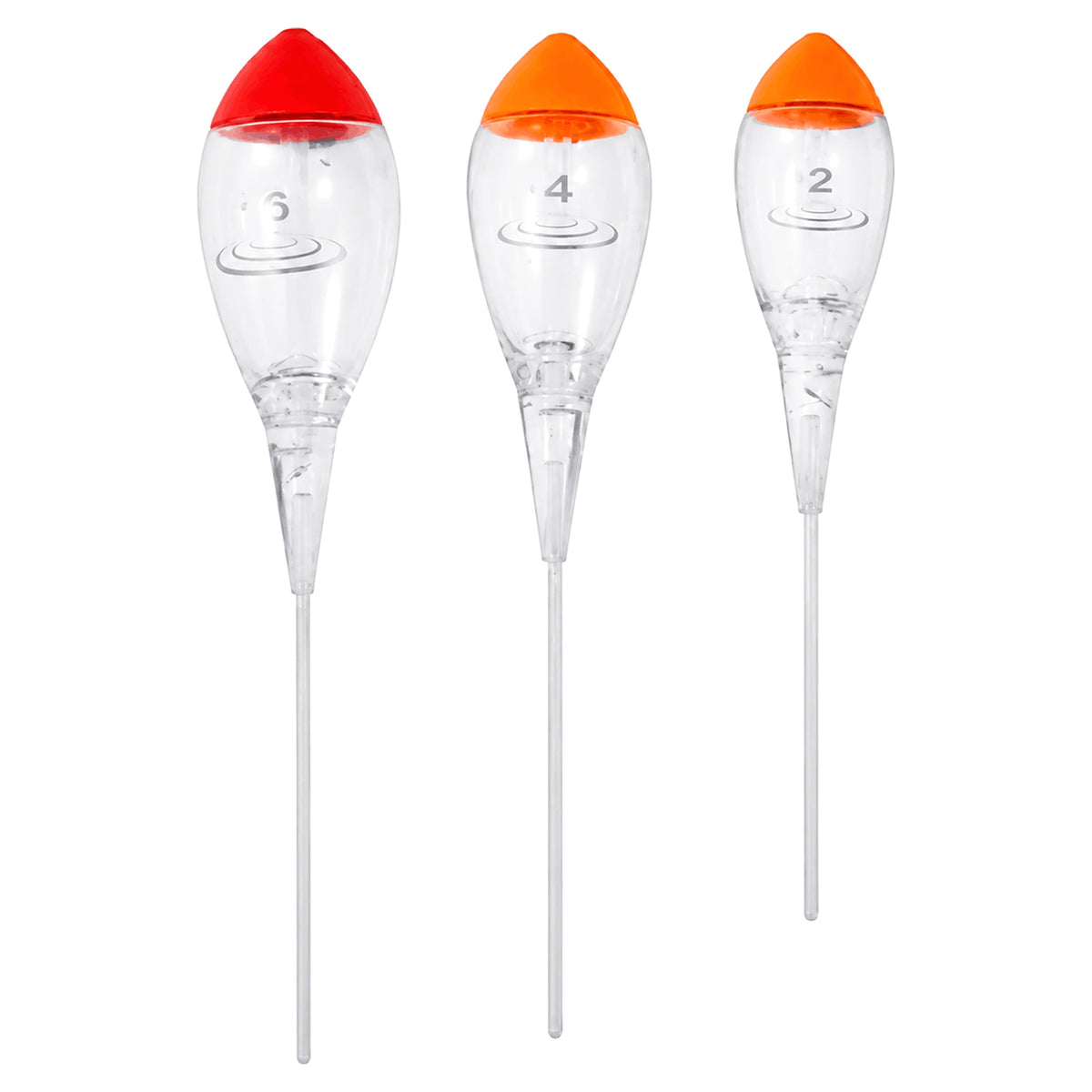Drennan In-line Crystal Dibbers, drie transparante dobbers met rode en oranje toppen