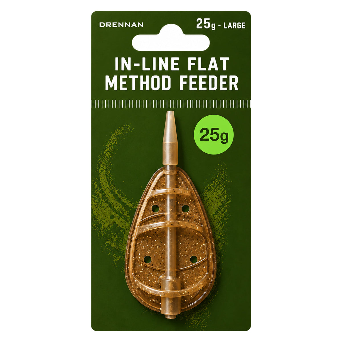 Drennan In-Line Flat Method Feeder Large 25g: bruine methodfeeder op de originele groene verpakkingskaart