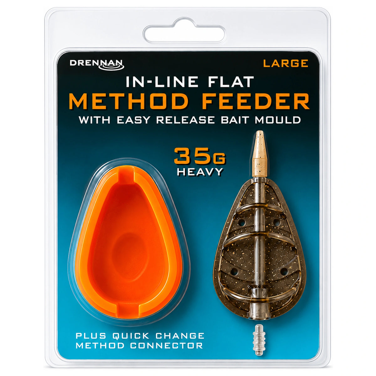 Drennan Large 35g Heavy-methodfeeder met oranje aasmal en losse connector in blisterverpakking