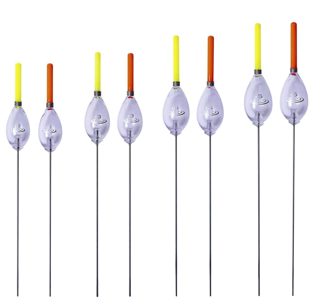 Drennan Island Crystal dobbers met rode en gele antennes in verschillende draagvermogens