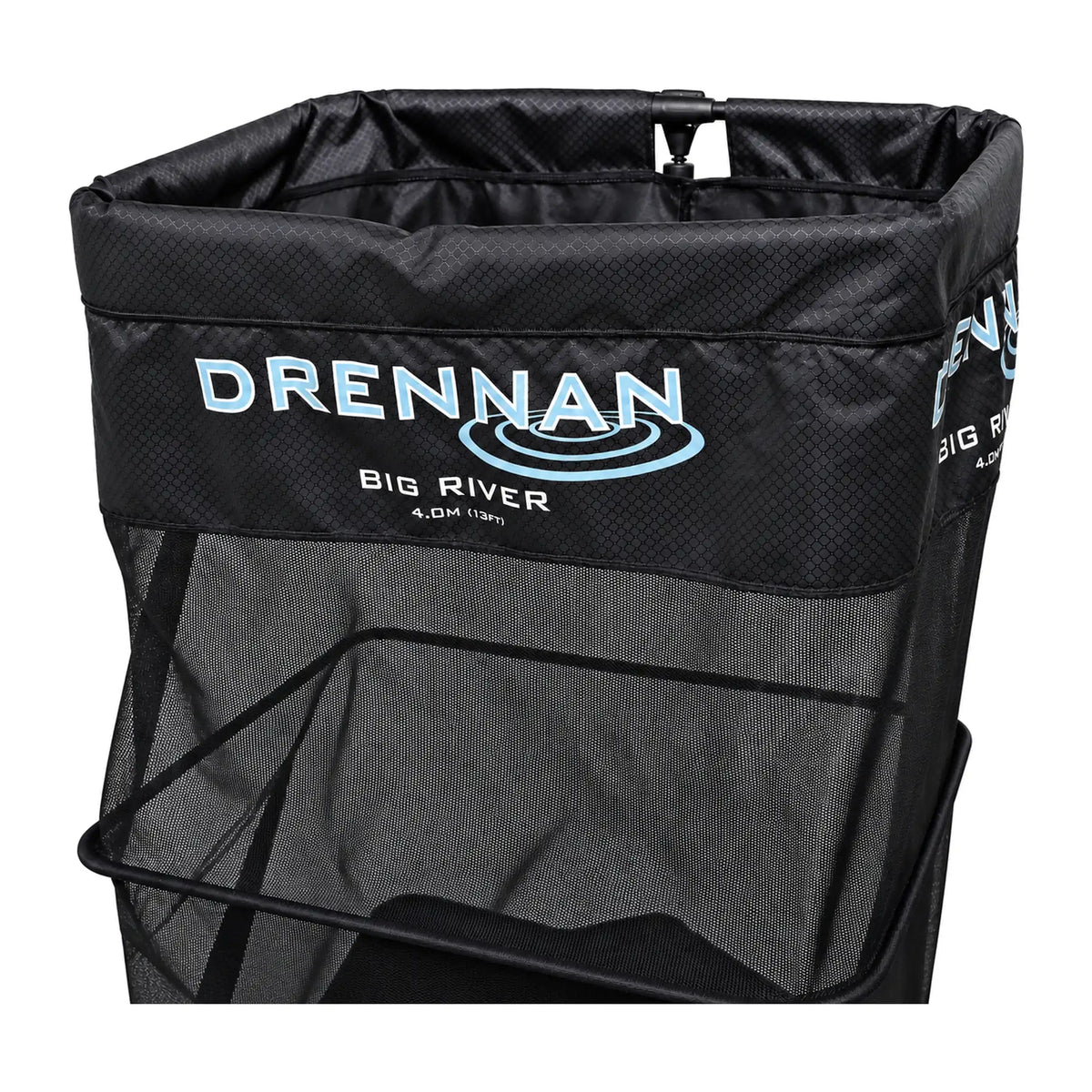 Drennan Big River 4 m leefnet – bovenopening met kantelbevestiging, Drennan-opdruk en fijn zwart gaas