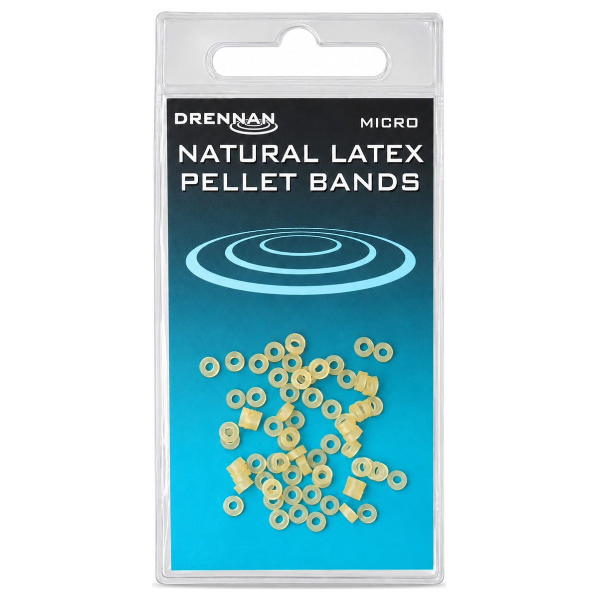 Drennan Natural Latex Pellet Bands Micro in transparante blister met lichtgele bandjes