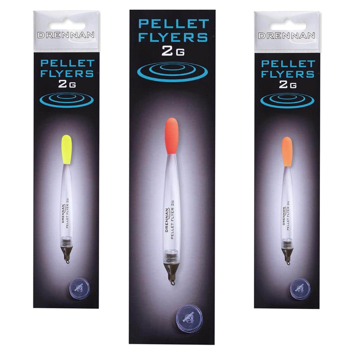 Drennan Pellet Flyers 2G: rode waggler centraal vooraan, gele en oranje uitvoering kleiner links en rechts