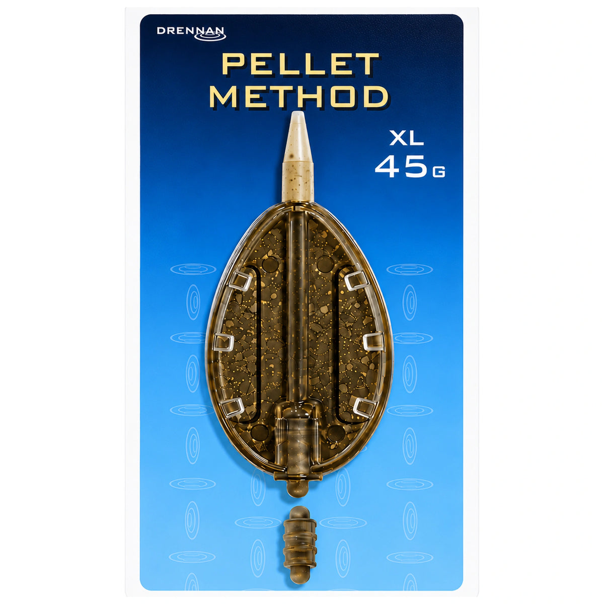 Drennan Pellet Method Feeder XL 45 g op blauwe verpakking met los aansluitrubber
