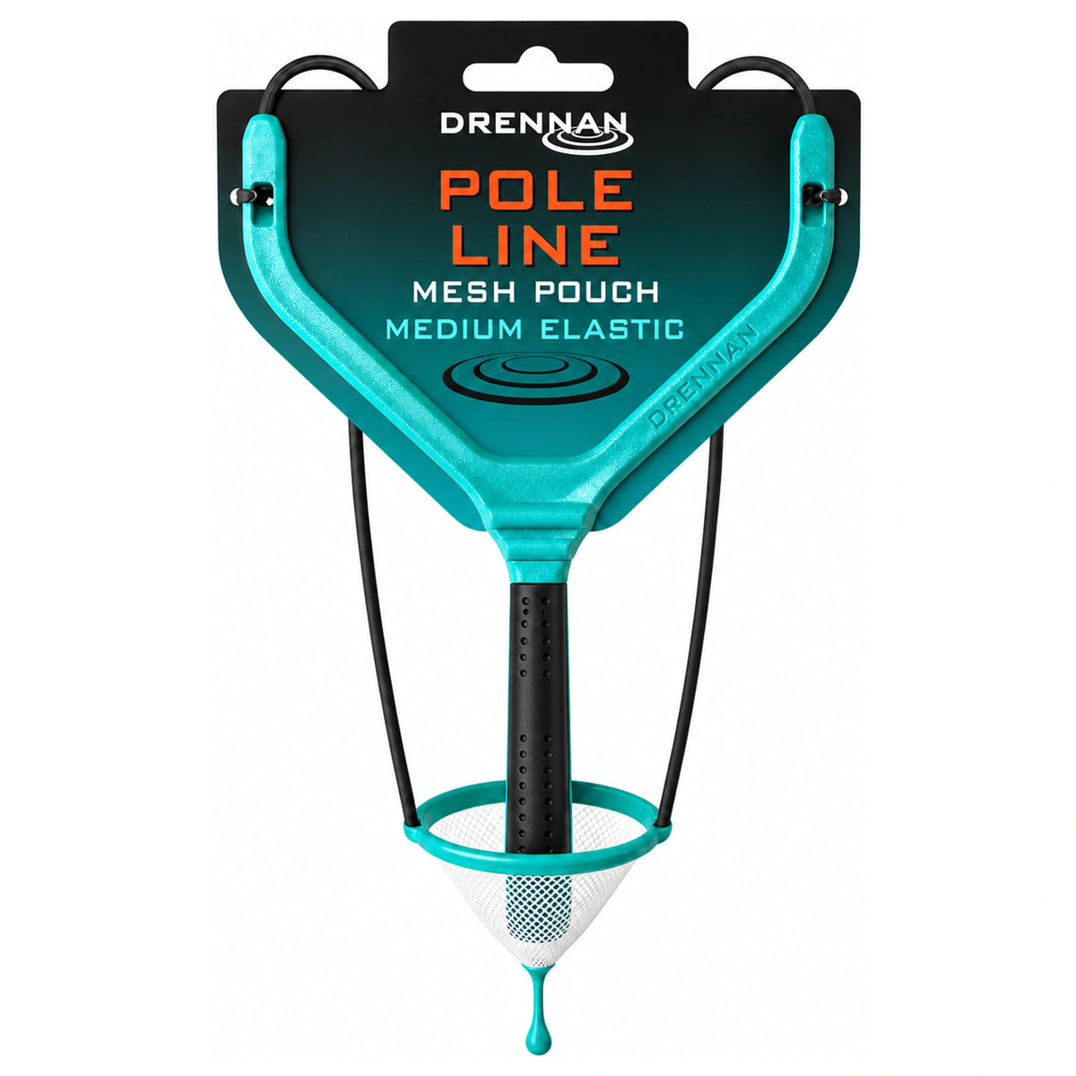 Drennan Pole Line-katapult met turquoise vork, zwarte handgreep en wit netbakje op verpakkingskaart