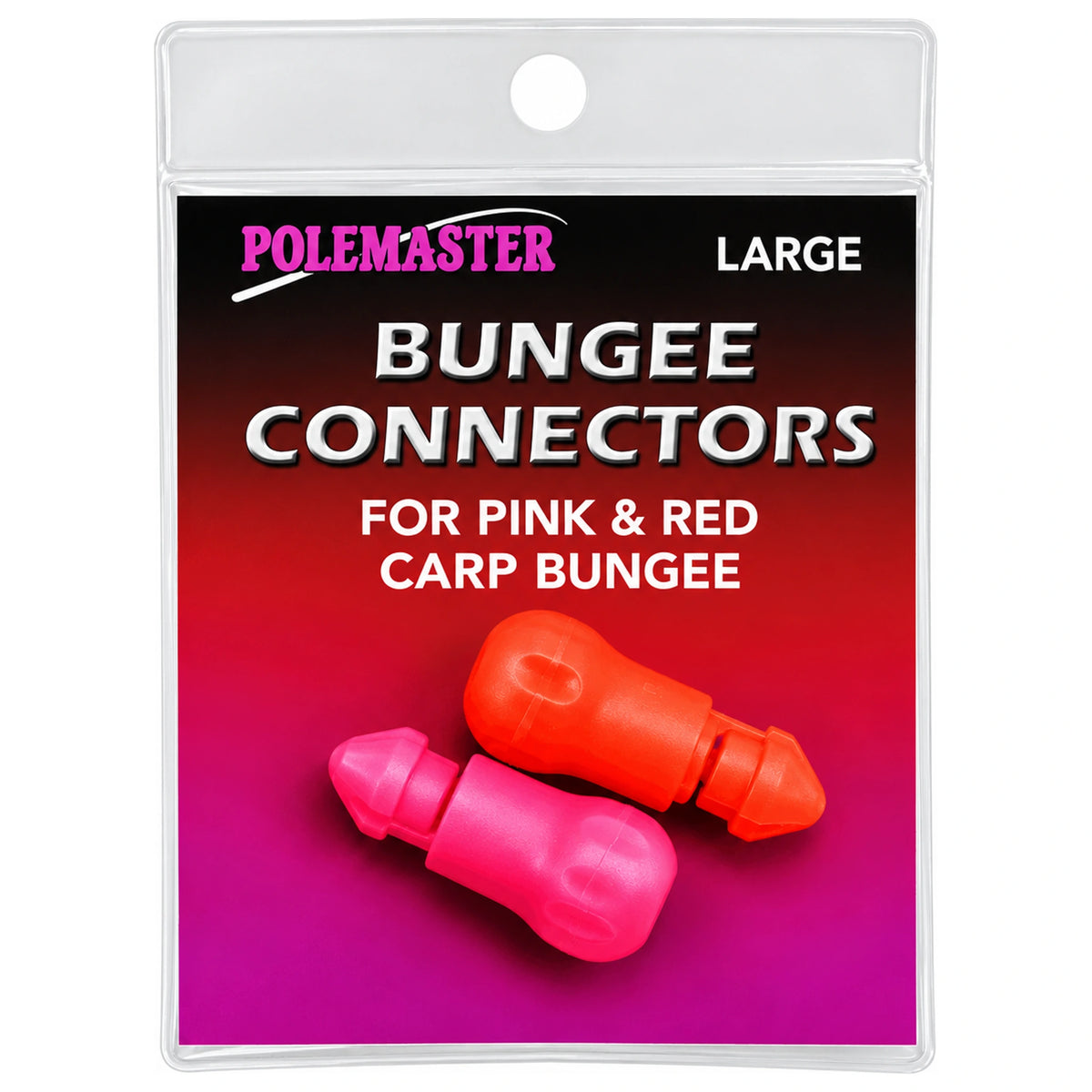 Drennan Polemaster Bungee Connectors Large – verpakking met een roze en een oranjerode connector