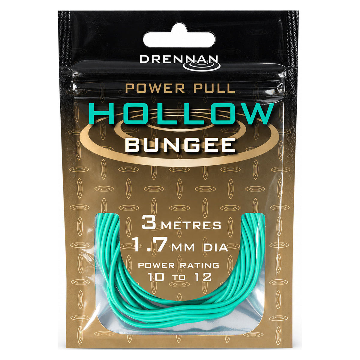 Drennan Power Pull Hollow Bungee: groene 1,7 mm elastiek, 3 meter, power rating 10–12, in verpakking