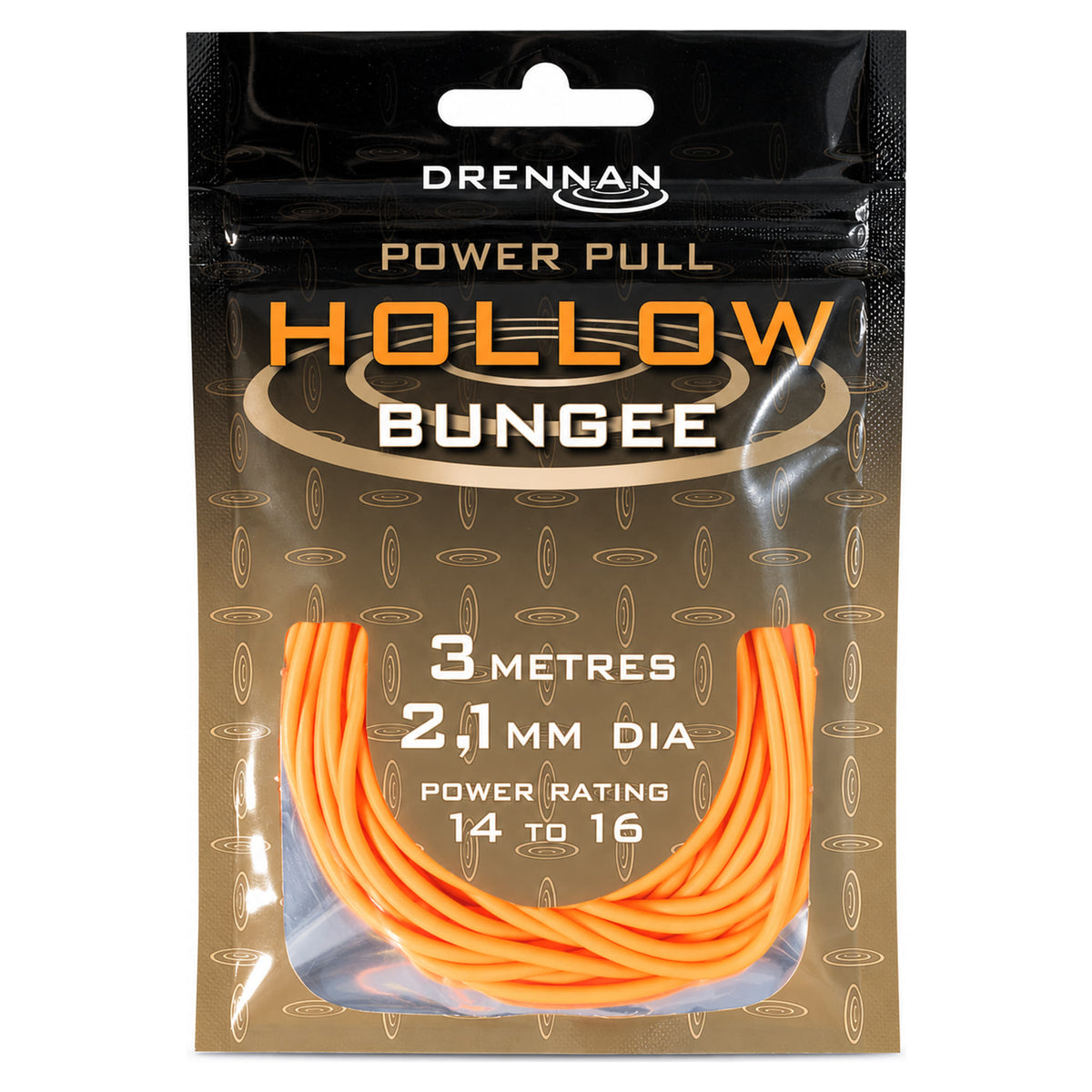 Drennan Power Pull Hollow Bungee: oranje 2,1 mm elastiek, 3 meter, power rating 14–16, in verpakking