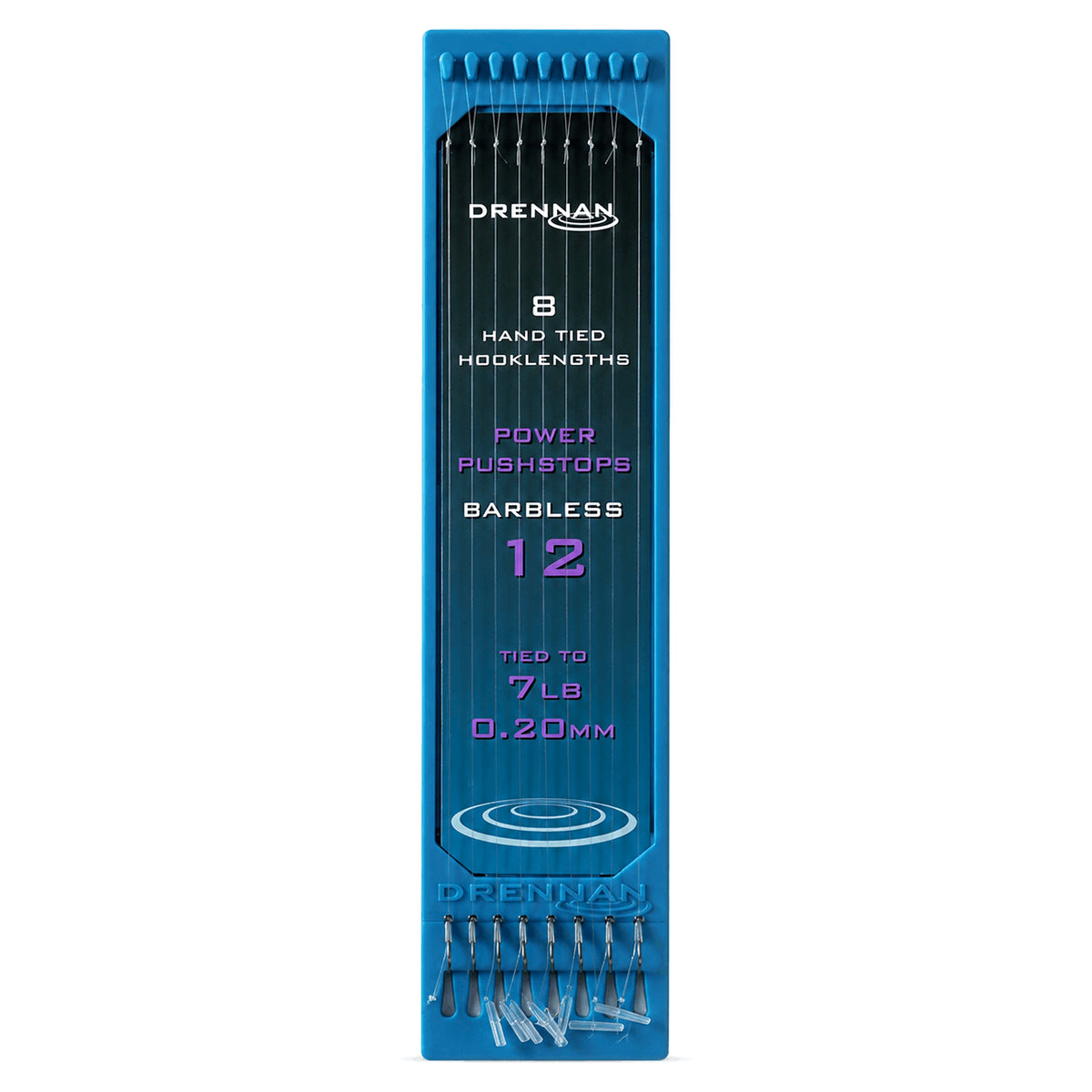 Drennan Power Pushstops: acht complete onderlijnen op blauwe plaat, haakmaat 12, 0.20 mm en 7 lb